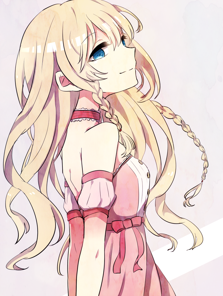 1girl, arms_behind_back, bare_shoulders, blonde_hair, blue_eyes, bow, braid, choker
