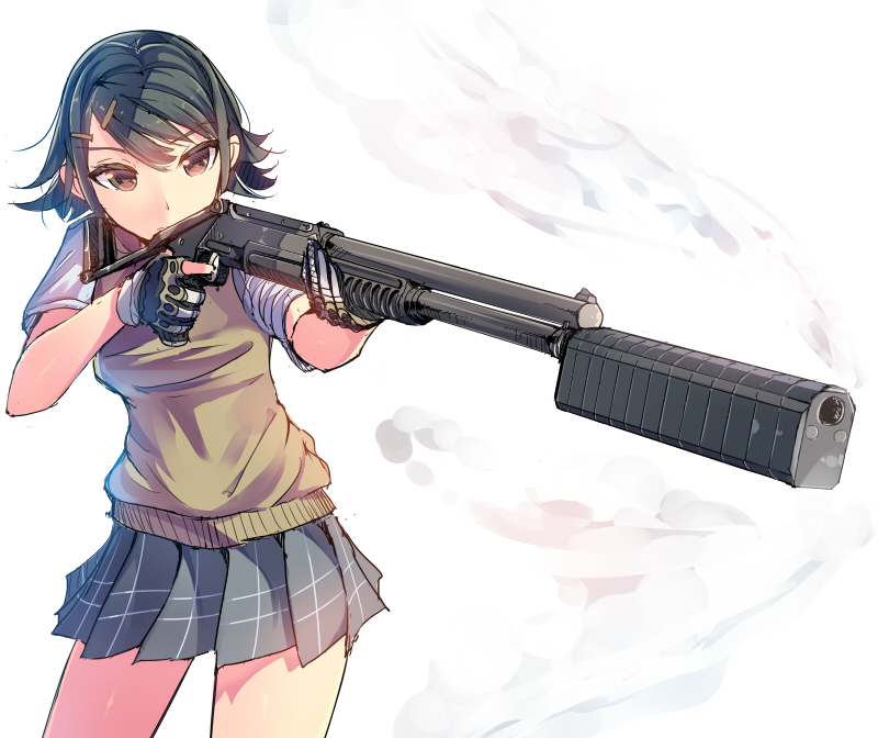 1girl, black_hair, brown_eyes, commentary_request, daito, gloves, gun, hair_ornament, hairclip, original, rmb-93, school_uniform, shotgun, skirt, solo, suppressor, sweater_vest, weapon