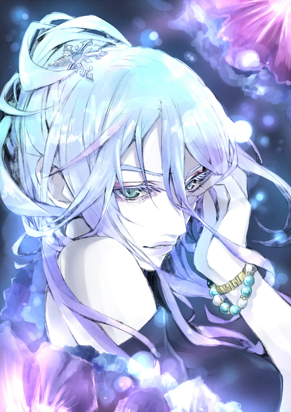 1girl, albino, aqua_eyes, bare_shoulders, bracelet, character_request, hair_ornament, hand_in_hair