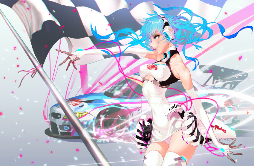 1girl, absurdres, bare_shoulders, blue_eyes, blue_hair, car, checkered, checkered_flag, confetti, dress, eyeshadow, gloves, goodsmile_company, goodsmile_racing, hatsune_miku, headphones, highres, makeup, max_factory, motor_vehicle, open_clothes, pointing, racecar, racequeen, ribbon, rukiana, short_dress, smile, smiley_face, solo, thigh-highs, twintails, underwear, upskirt, vehicle, vocaloid