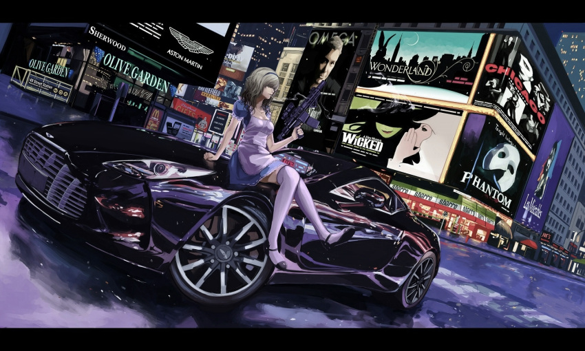 1girl, acog, ad, alice_(wonderland), alice_in_wonderland, angled_foregrip, apron, assault_rifle