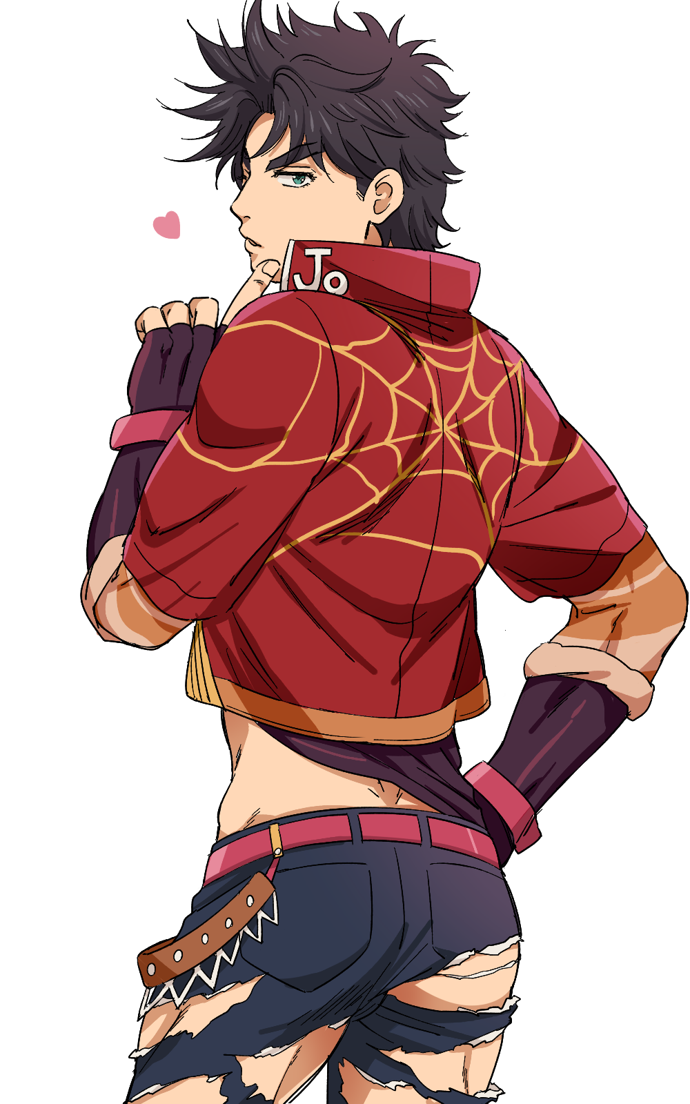 1boy, ass, black_hair, bloody_stream, green_eyes, heart, highres, jacket