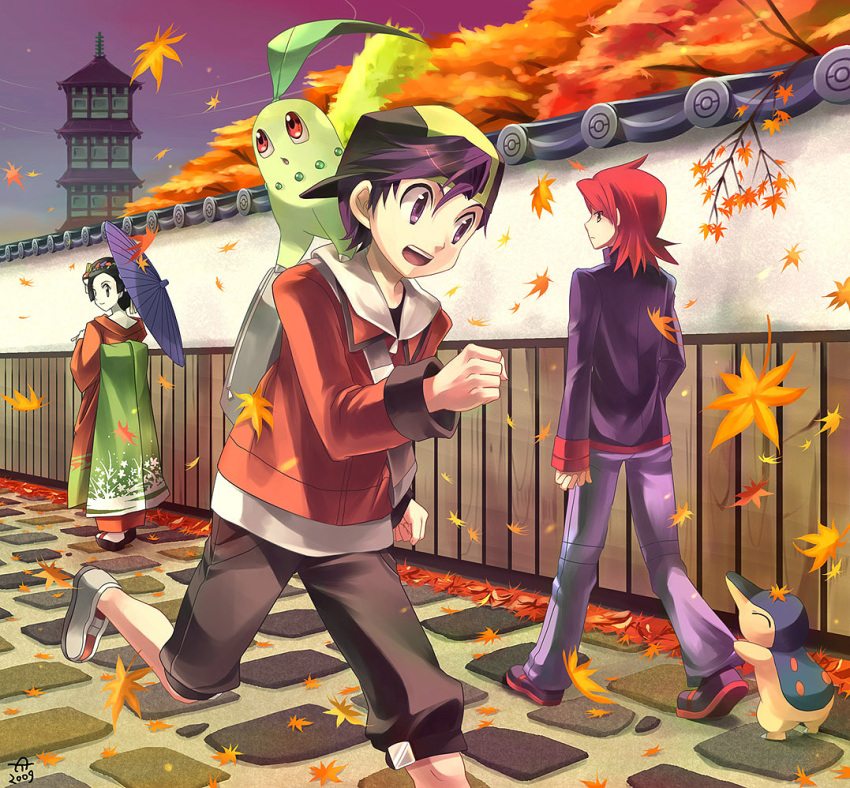 baseball_cap, black_hair, blue_eyes, chikorita, cyndaquil, geisha, gold_(pokemon), gold_(pokemon)_(remake)