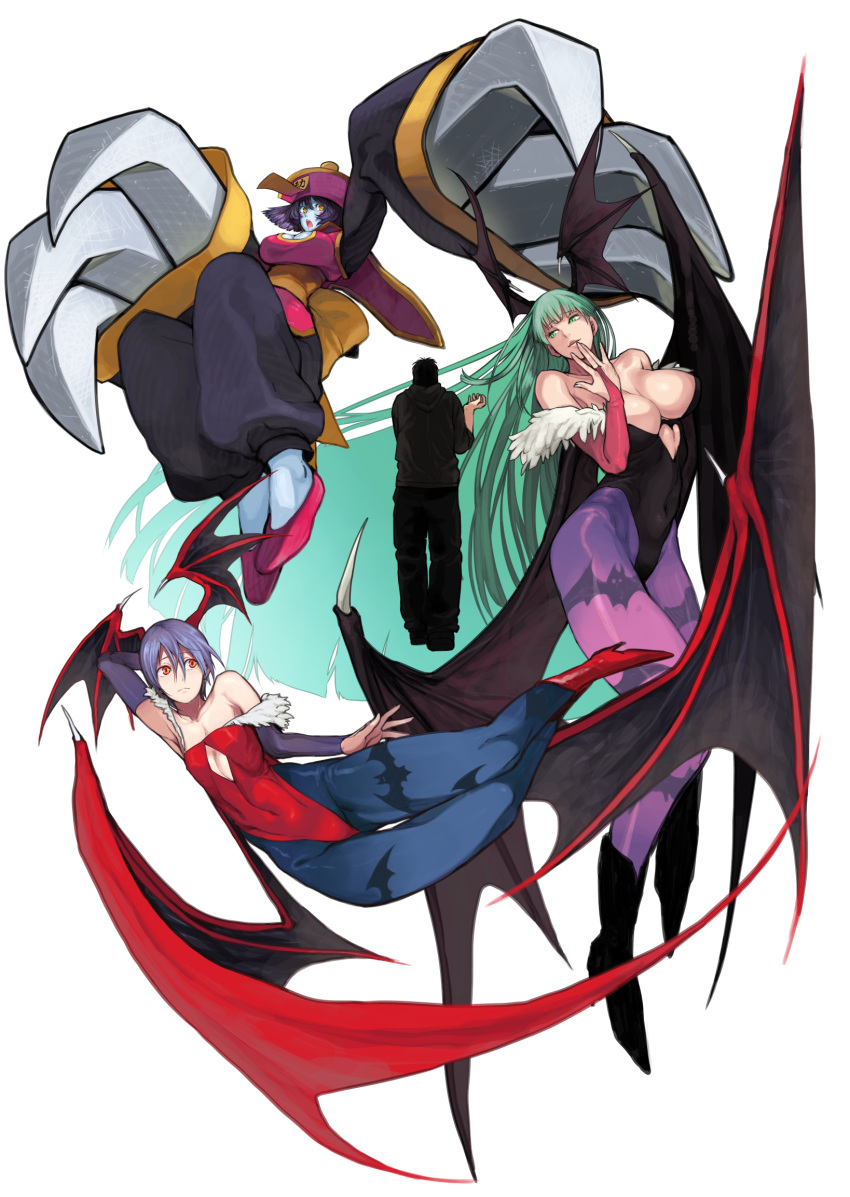 1boy, 3girls, breasts, claws, cleavage, demon_girl, demon_wings, flat_chest