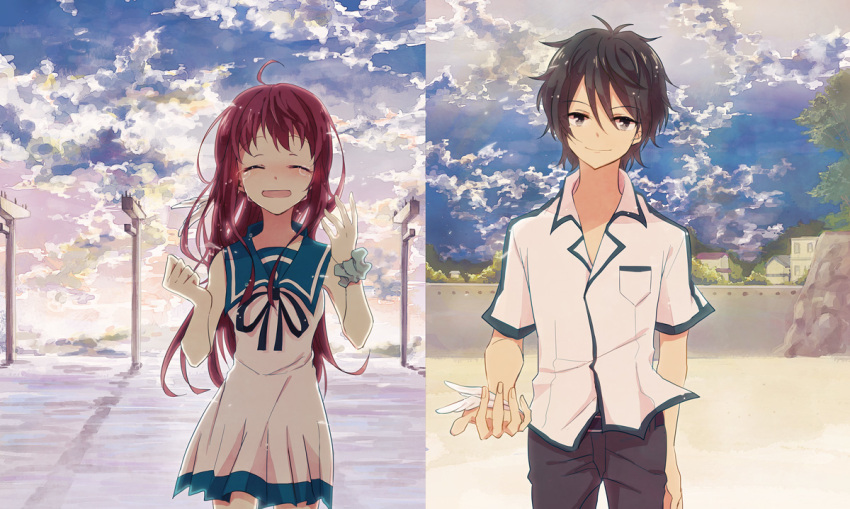 1boy, 1girl, black_hair, brown_eyes, closed_eyes, kihara_tsumugu, kwsg, long_hair