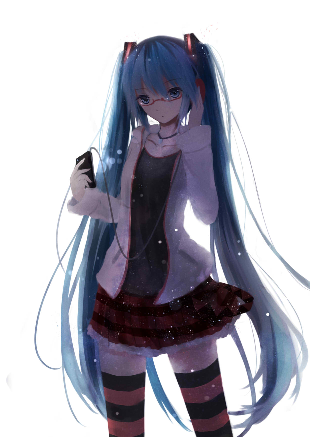 1girl, blue_eyes, blue_hair, digital_media_player, glasses, hatsune_miku, headphones, highres