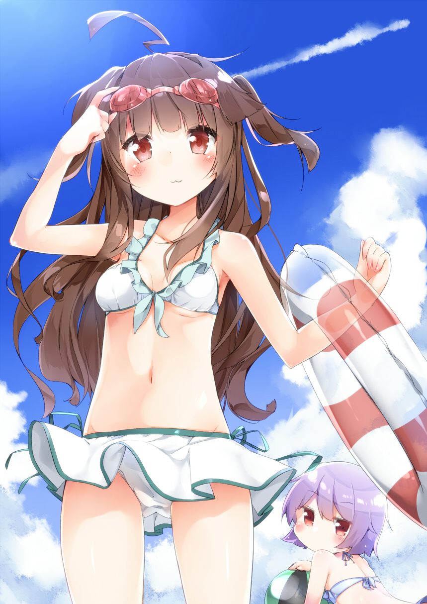 2girls, :3, adjusting_headwear, ahoge, ball, beachball, breasts, brown_hair