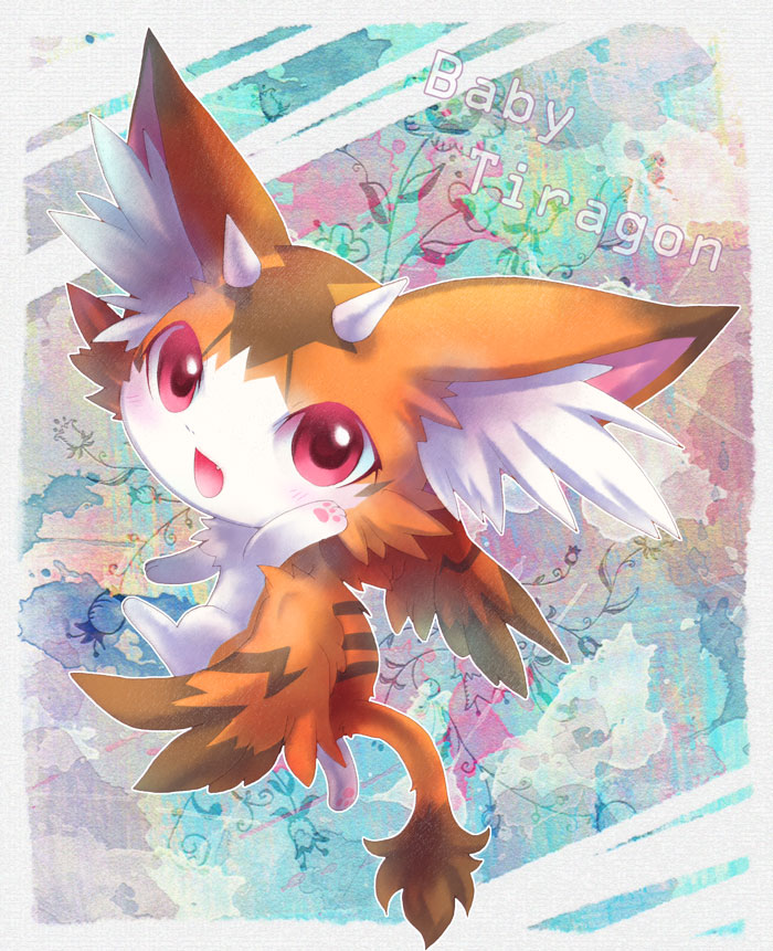 :d, animal_ears, baby_tiragon, cat_ears, cat_tail, character_name, duel_monster, fang, horns, no_humans, open_mouth, paws, red_eyes, smile, tail, wings, yuu-gi-ou, yuu-gi-ou_zexal