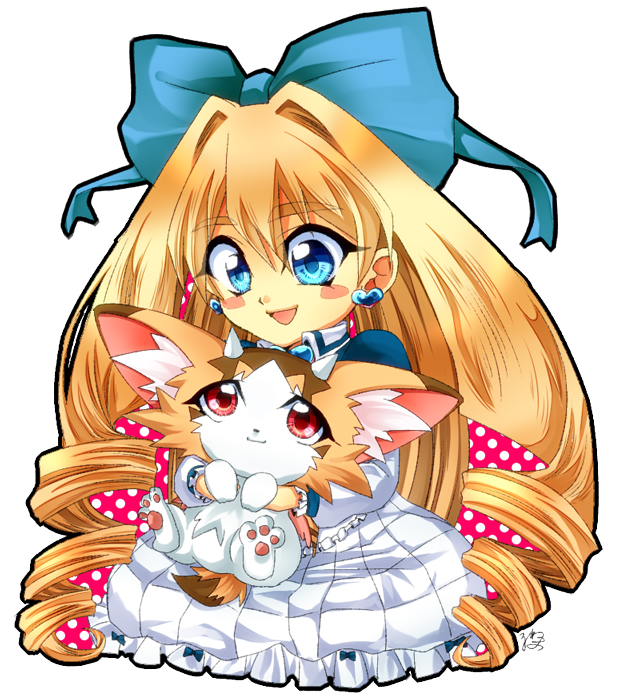 1girl, :d, animal_ears, aqua_eyes, baby_tiragon, blonde_hair, blue_eyes, bow, cat_ears, cat_tail, dress, drill_hair, duel_monster, fang, frills, hair_bow, horns, long_hair, lune_guy, mini_wings, open_mouth, paws, princess_cologne, red_eyes, ribbon, smile, tail, wings, yuu-gi-ou, yuu-gi-ou_zexal