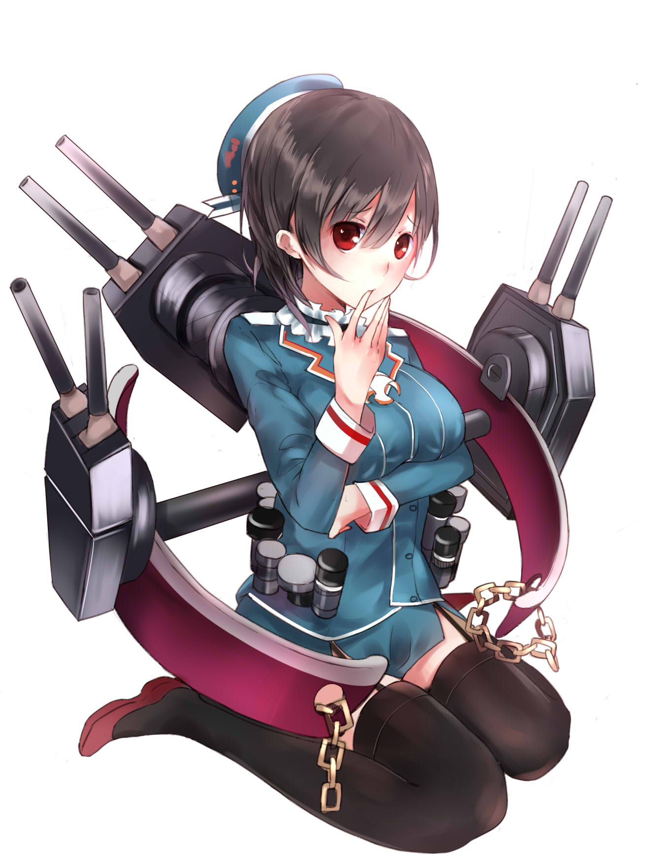 1girl, beret, black_gloves, black_hair, black_legwear, boqboq, breasts, cannon