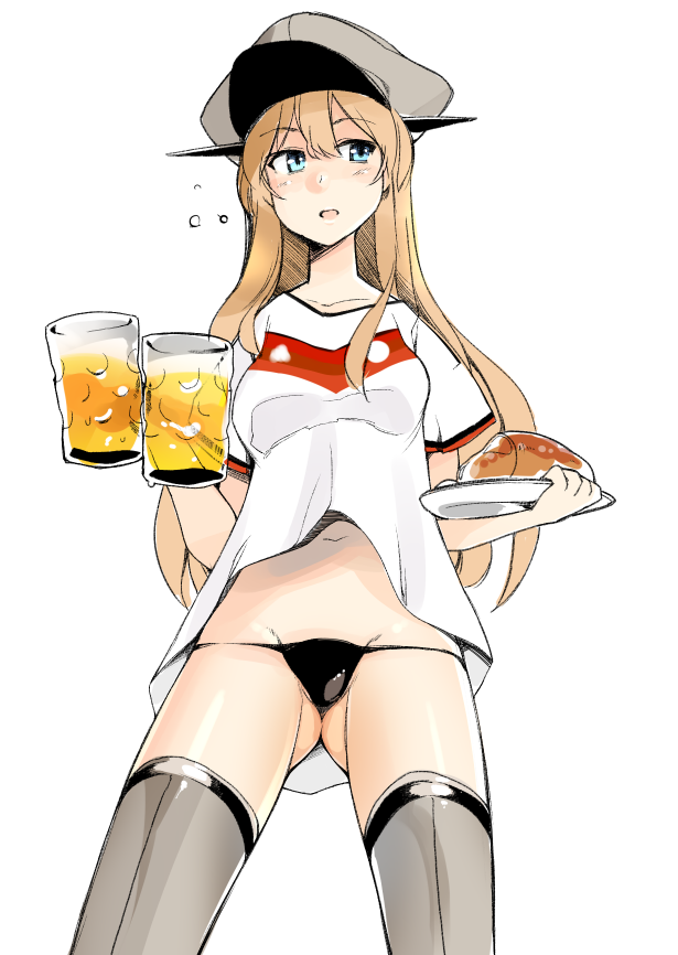 1girl, alcohol, alternate_costume, beer, bismarck_(kantai_collection), black_panties, blonde_hair, blue_eyes