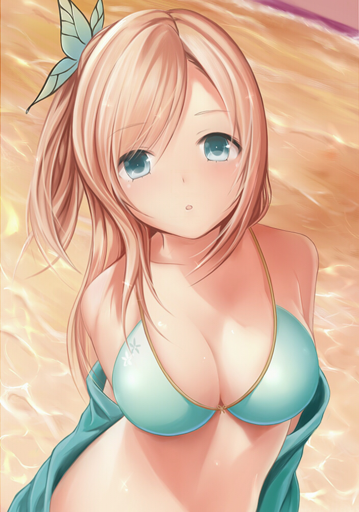 1girl, aqua_bikini, aqua_eyes, arms_behind_back, bikini, blonde_hair, blush, boku_wa_tomodachi_ga_sukunai