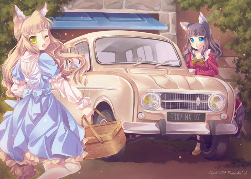 2girls, animal_ears, basket, black_hair, blue_eyes, blush, braid, brown_hair