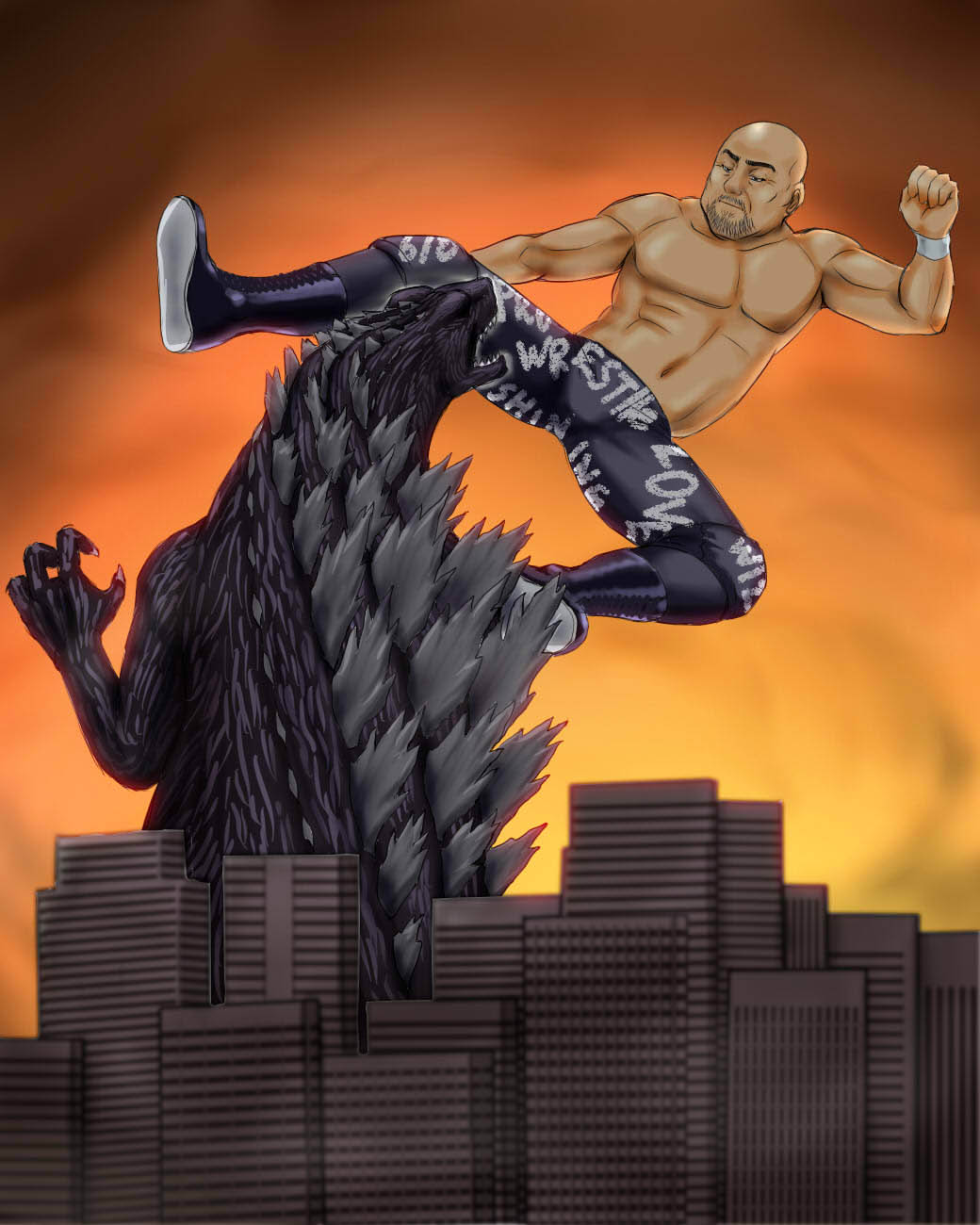 1boy, bald, battle, black_eyes, building, facial_hair, giant, goatee