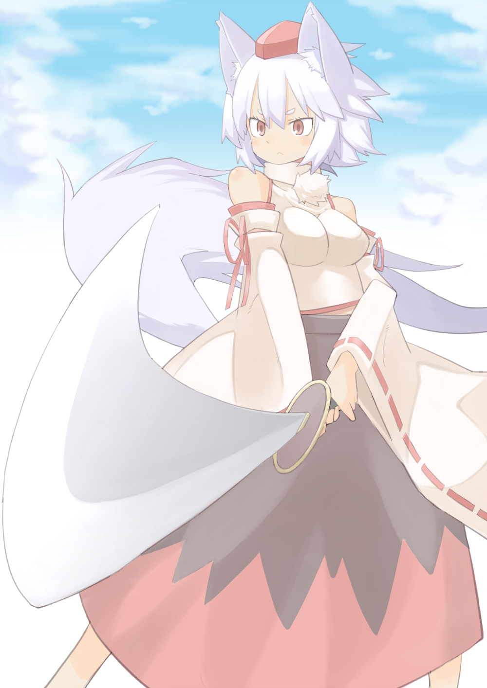 1girl, :<, animal_ears, bare_shoulders, breasts, detached_sleeves, hat, highres