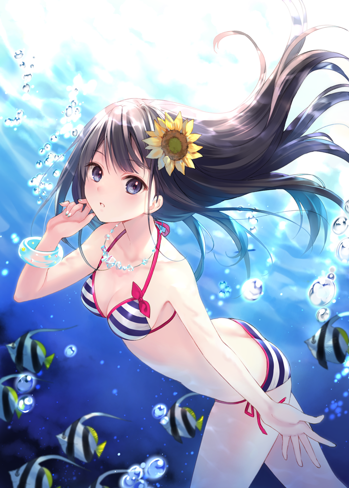 1girl, angelfish, animal, bikini, black_hair, blue_eyes, blush, bracelet, breasts, bubble, cleavage, fish, flower, fukahire_sanba, hair_flower, hair_ornament, jewelry, long_hair, looking_at_viewer, necklace, open_mouth, original, side-tie_bikini, solo, striped, striped_bikini, striped_swimsuit, sunflower, swimsuit, underwater, water
