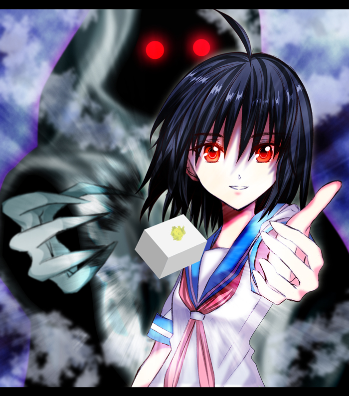 outstretched_arm, outstretched_hand, reaching, red_eyes, school_uniform, shichouson, solo, surumeika