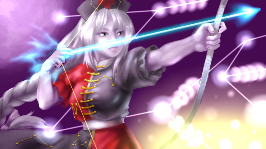 1girl, aiming, arrow, bow_(weapon), bust, constellation, dress, expressionless