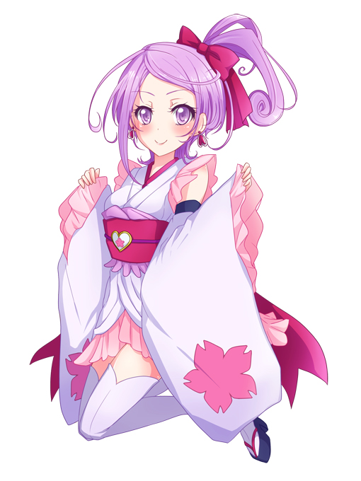 1girl, anmitsu_komachi, bow, color_connection, cosplay, cure_fortune, cure_fortune_(cosplay), cure_sword, curly_hair, detached_sleeves, dokidoki!_precure, earrings, frills, hair_bow, happinesscharge_precure!, hinama_amu, japanese_clothes, jewelry, jumping, kenzaki_makoto, magical_girl, precure, purple_hair, sandals, short_hair, side_ponytail, skirt, smile, solo, thigh-highs, violet_eyes, white_background, white_legwear