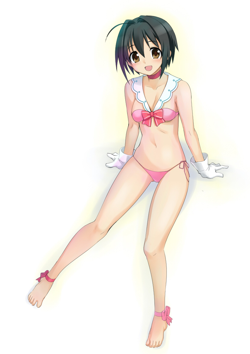 1girl, arm_support, barefoot, bikini, black_hair, blush, breasts, brown_eyes