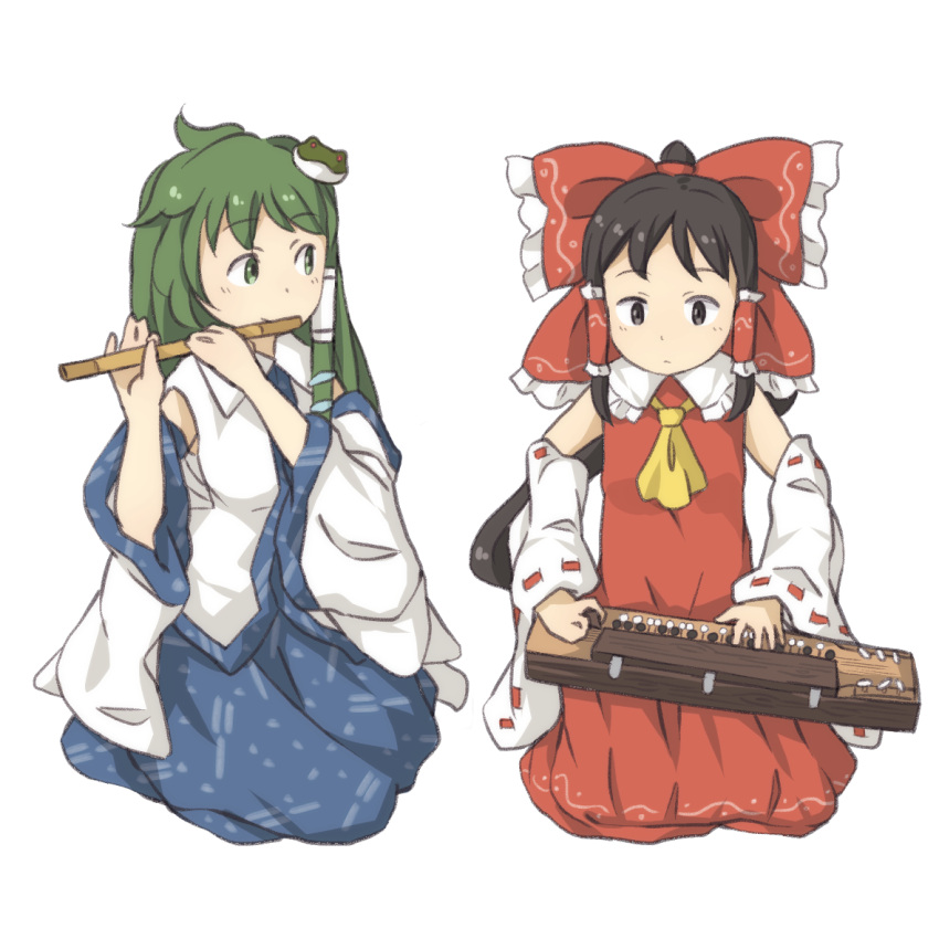 2girls, black_hair, bow, chi-kun_(seedyoulater), detached_sleeves, flute, green_eyes, green_hair