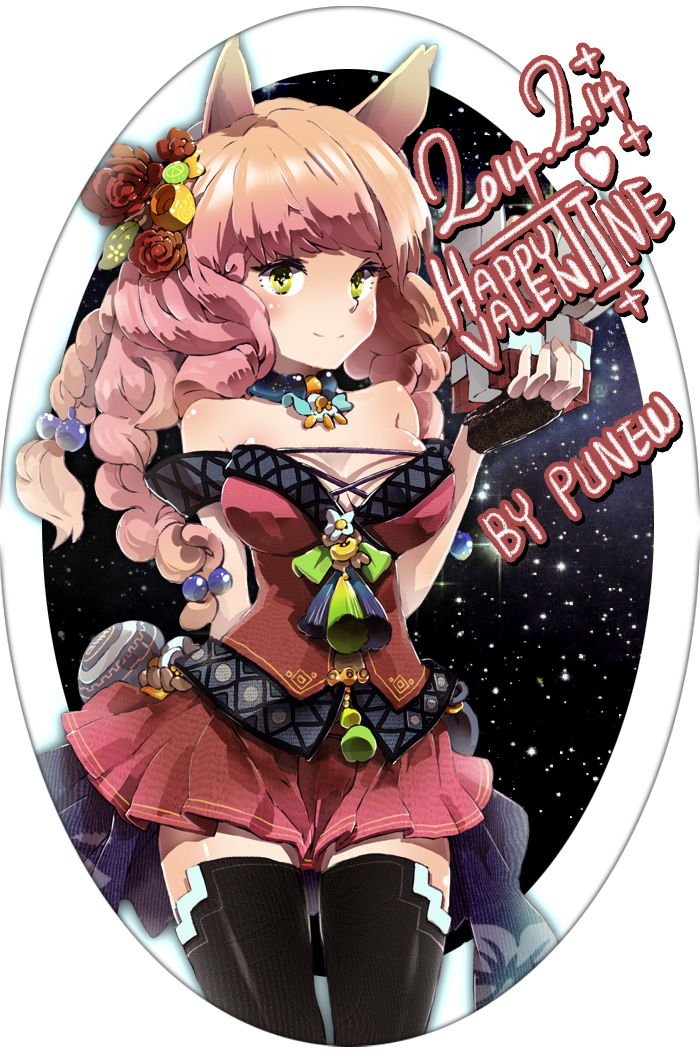 .hack//, 1girl, 2014, artist_name, bare_shoulders, black_legwear, braid, choker, dated, fingerless_gloves, flower, gift, gloves, guilty_dragon, hair_bobbles, hair_flower, hair_ornament, happy_valentine, kokore_(guilty_dragon), long_hair, pink_hair, punew, quad_tails, red_rose, red_skirt, rose, skirt, smile, solo, thigh-highs, yellow_eyes