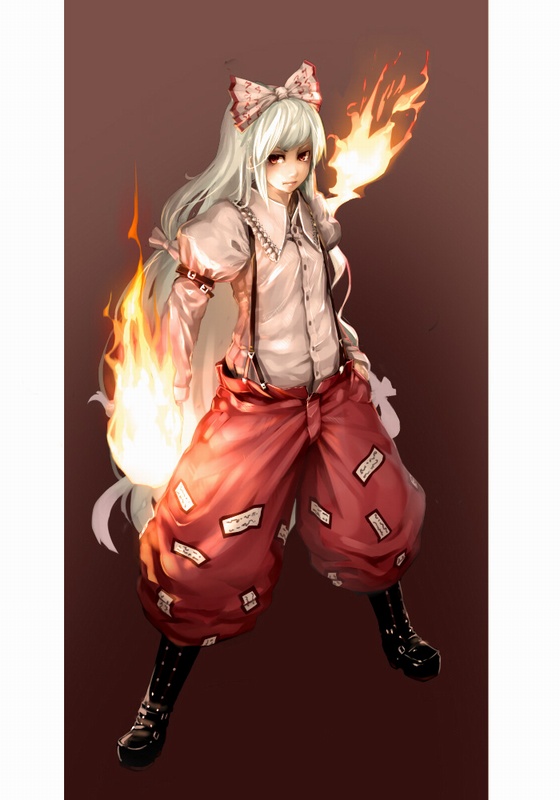 boots, dress_shirt, fire, fujiwara_no_mokou, hair_ribbon, long_hair, orange_eyes, pants