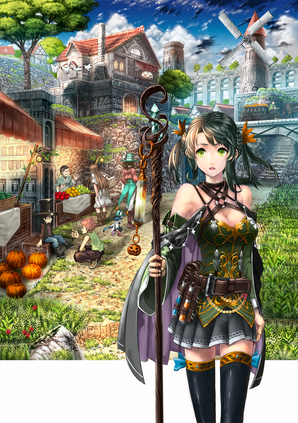 2girls, 3boys, :o, bare_shoulders, barrel, belt, black_hair, box