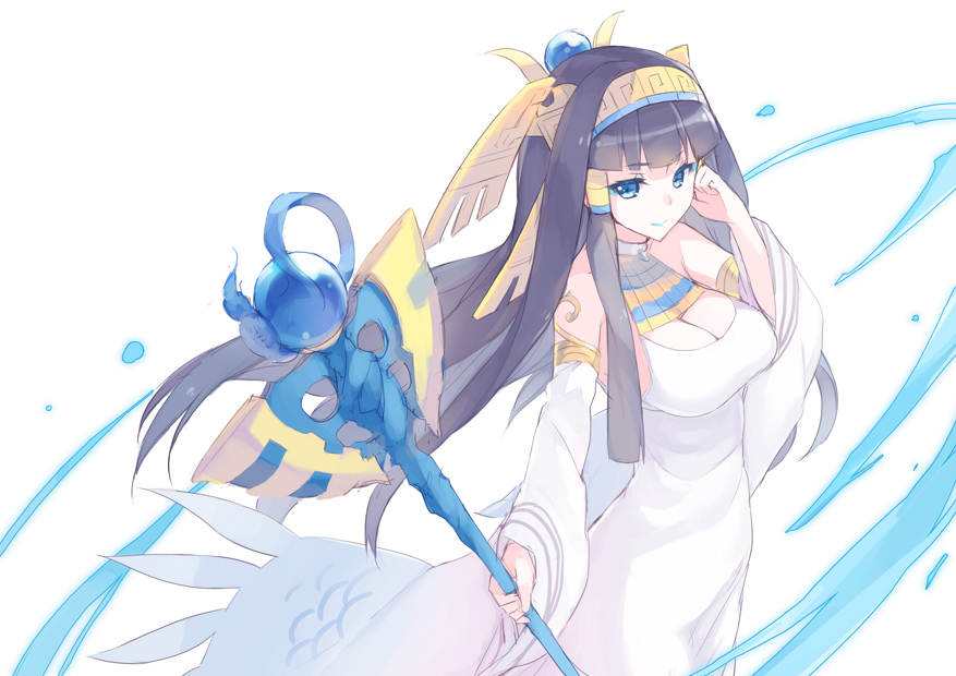 1girl, armlet, bangs, bare_shoulders, black_hair, blue_eyes, blue_lipstick, blunt_bangs