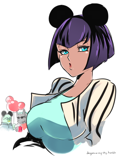 1girl, 2boys, albus_(skullgirls), alternate_headwear, animal_ears, balloon, blue_eyes, breasts