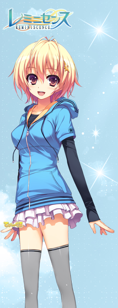 1girl, blonde_hair, brown_eyes, hair_ornament, nozomi_(reminiscence), pleated_skirt, reminiscence, short_hair