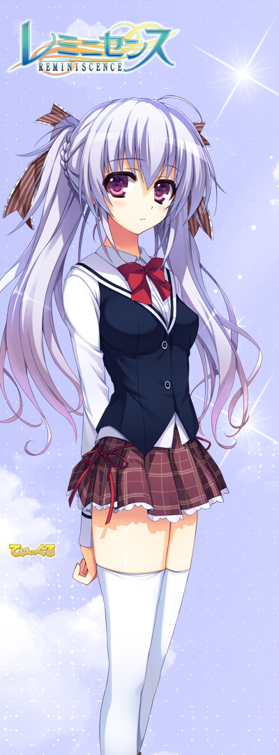 1girl, lavender_hair, long_hair, looking_at_viewer, pleated_skirt, reminiscence, ribbon, school_uniform