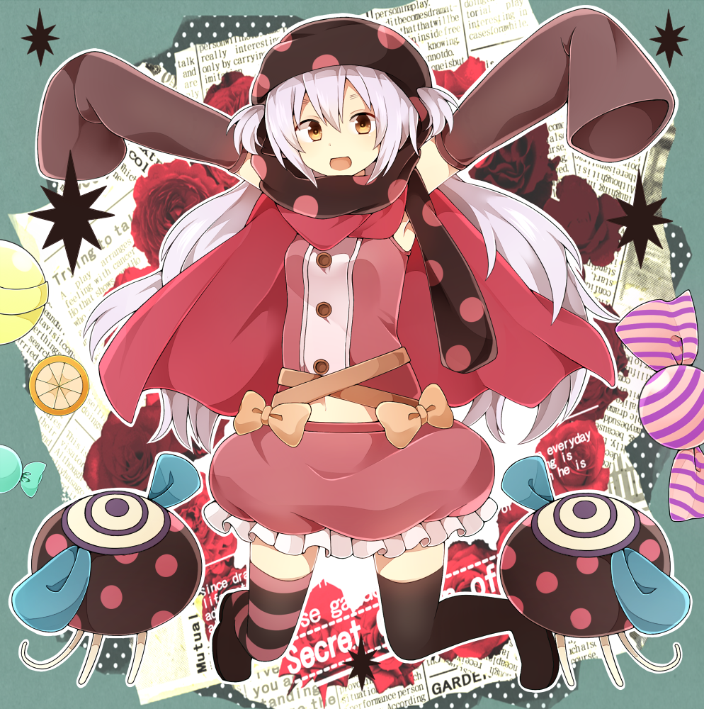 1girl, arms_up, bare_shoulders, black_legwear, boots, brown_eyes, candy, charlotte_(madoka_magica)