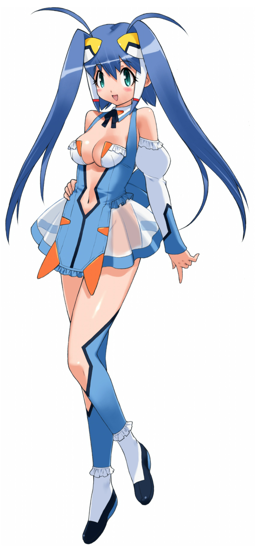1girl, absurdres, aoba_anoa, aqua_eyes, blue, blue_hair, center_opening, full_body