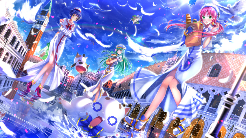 3girls, :o, aika_granzchesta, alice_carroll, aria, aria_pokoteng, bag, baguette, bird, biting, black_hair, blue_eyes, blush, bread, campanile_di_san_marco, dove, dutch_angle, feathers, fingerless_gloves, floating_island, food, gloves, green_eyes, green_hair, hat, high_heels, highres, legs, mizunashi_akari, multiple_girls, paper_bag, pink_hair, president_maa, reflection, shoes, short_sleeves, side_slit, smile, swordsouls, uniform, water