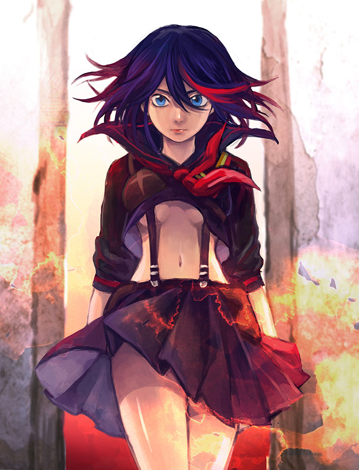 1girl, blue_eyes, blue_hair, breasts, kill_la_kill, matoi_ryuuko, midriff, multicolored_hair