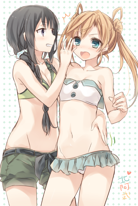2girls, abukuma_(kantai_collection), alternate_costume, bangs, black_hair, blonde_hair, blunt_bangs, blush