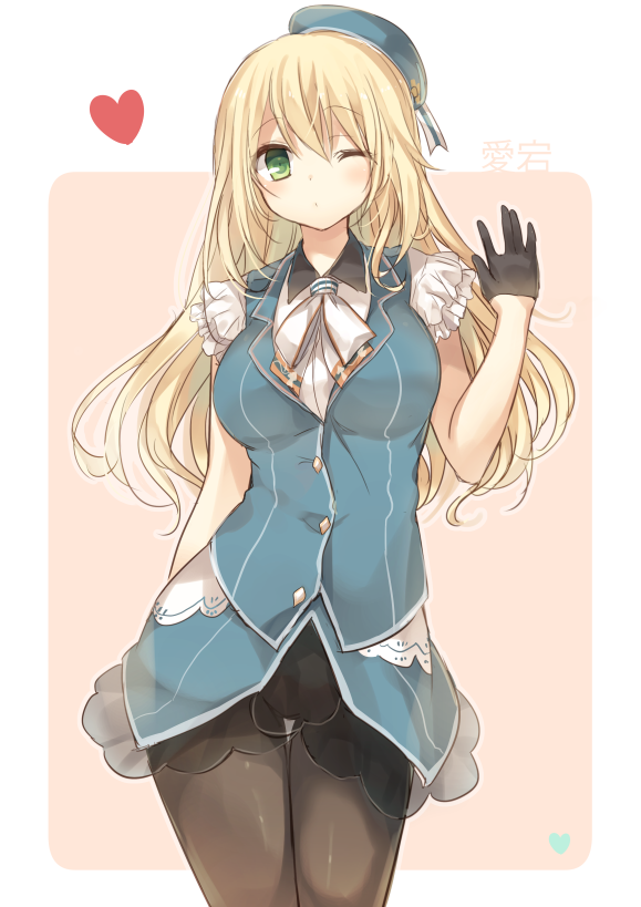 1girl, alternate_costume, atago_(kantai_collection), blonde_hair, breasts, character_name, green_eyes, hat