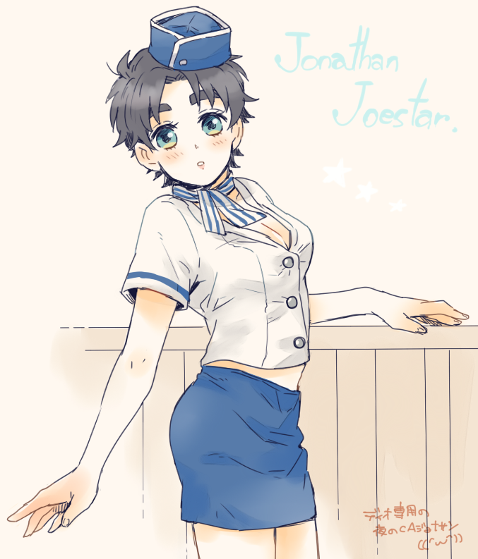 1girl, black_hair, breasts, cleavage, female, garrison_cap, genderswap, green_eyes