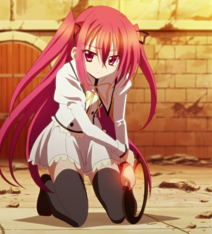 burns, claire_rouge, hands, highres, long_hair, pleated_skirt, red_eyes, redhead