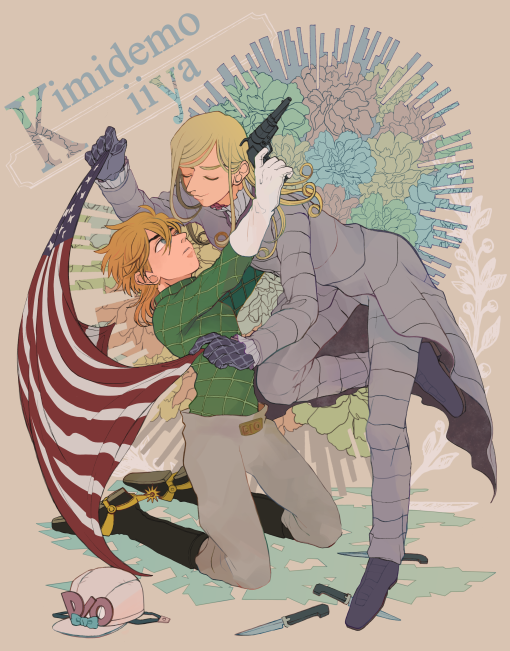 2boys, akiyama_(noconoco), american_flag, blonde_hair, diego_brando, gun, headwear_removed, helmet