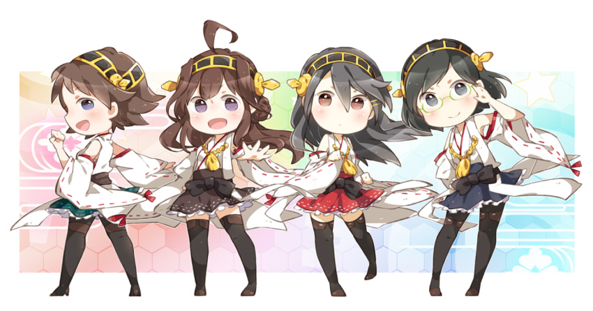 4girls, adjusting_glasses, ahoge, black_eyes, black_hair, blue_eyes, brown_eyes, brown_hair, detached_sleeves, glasses, hairband, haruna_(kantai_collection), hiei_(kantai_collection), japanese_clothes, kantai_collection, kirishima_(kantai_collection), kongou_(kantai_collection), looking_at_viewer, multiple_girls, nontraditional_miko, noro, open_mouth, siblings, sisters, smile, thigh-highs, violet_eyes, wide_sleeves