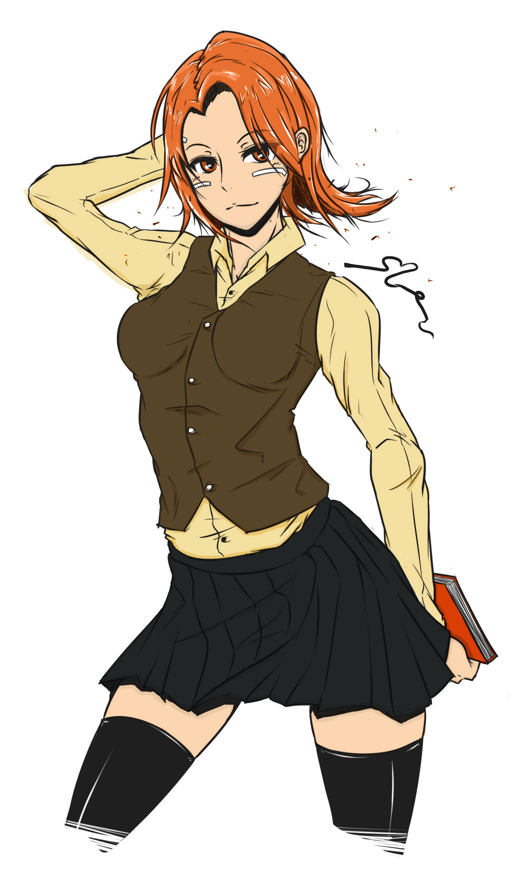 arm_up, blurry_(artist), book, defense_of_the_ancients, dota_2, dress_shirt, highres, lina_inverse_(dota_2)
