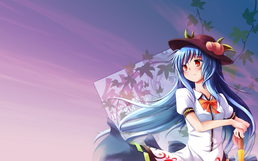blue_hair, food, fruit, hat, highres, hinanawi_tenshi, ikki_(pixiv), peach, red_eyes, sword, sword_of_hisou, touhou, wallpaper, weapon