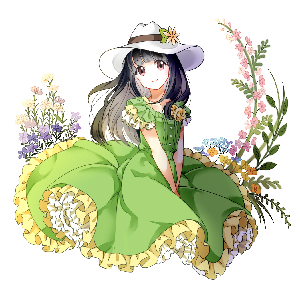 1girl, black_hair, dainanagousha, dress, flower, hat, long_hair, looking_at_viewer