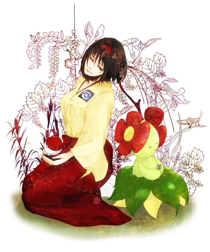 acm, ashima015, bad_id, bellossom, black_hair, erika_(pokemon), flower, grasshopper