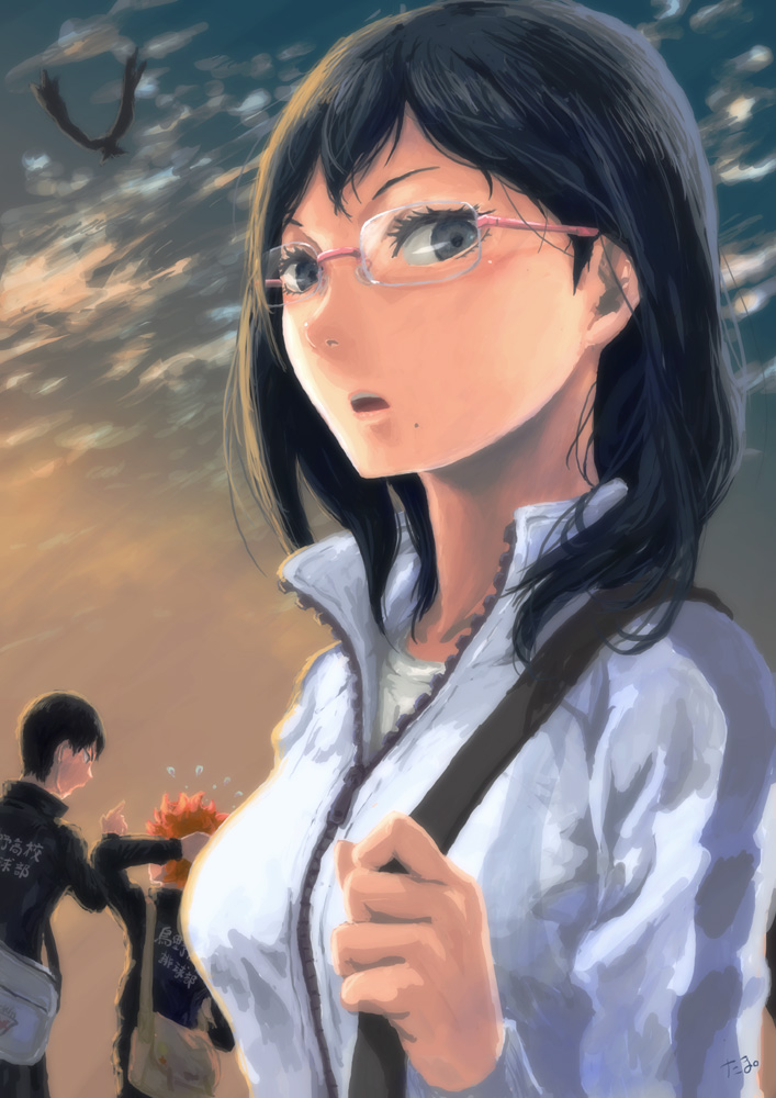 1girl, 2boys, bag, bird, black_eyes, black_hair, glasses, haikyuu!!