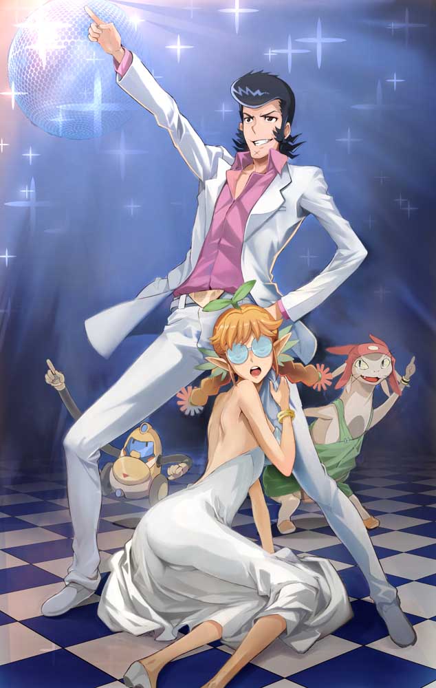 1girl, blush, braid, coke-bottle_glasses, dandy_(space_dandy), dress, formal, freckles_(space_dandy), meow_(space_dandy), miyo_(13th_floor), pompadour, qt_(space_dandy), space_dandy, suit, twin_braids, twintails, white_dress, white_suit