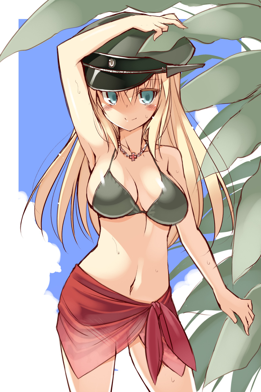 1girl, arm_up, bikini, bismarck_(kantai_collection), blonde_hair, blue_eyes, blush, breasts