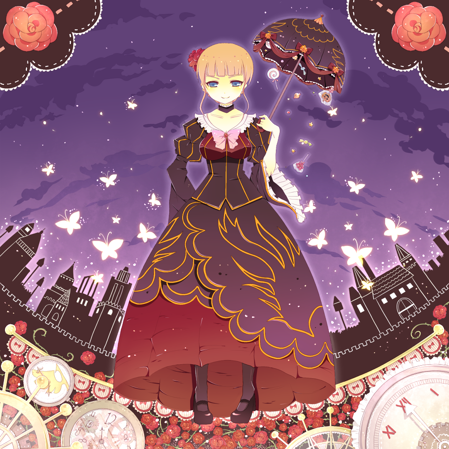 beatrice, blonde_hair, blue_eyes, butterfly, candy, choker, clock, dress